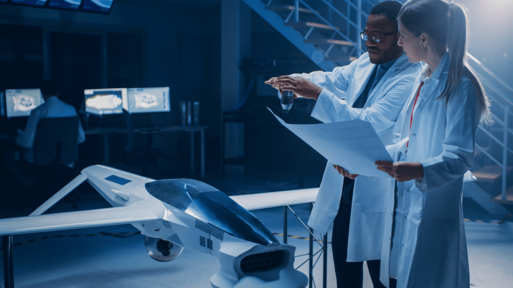 Two aerospace engineers discussing improvements while looking at a model and holding blueprints.