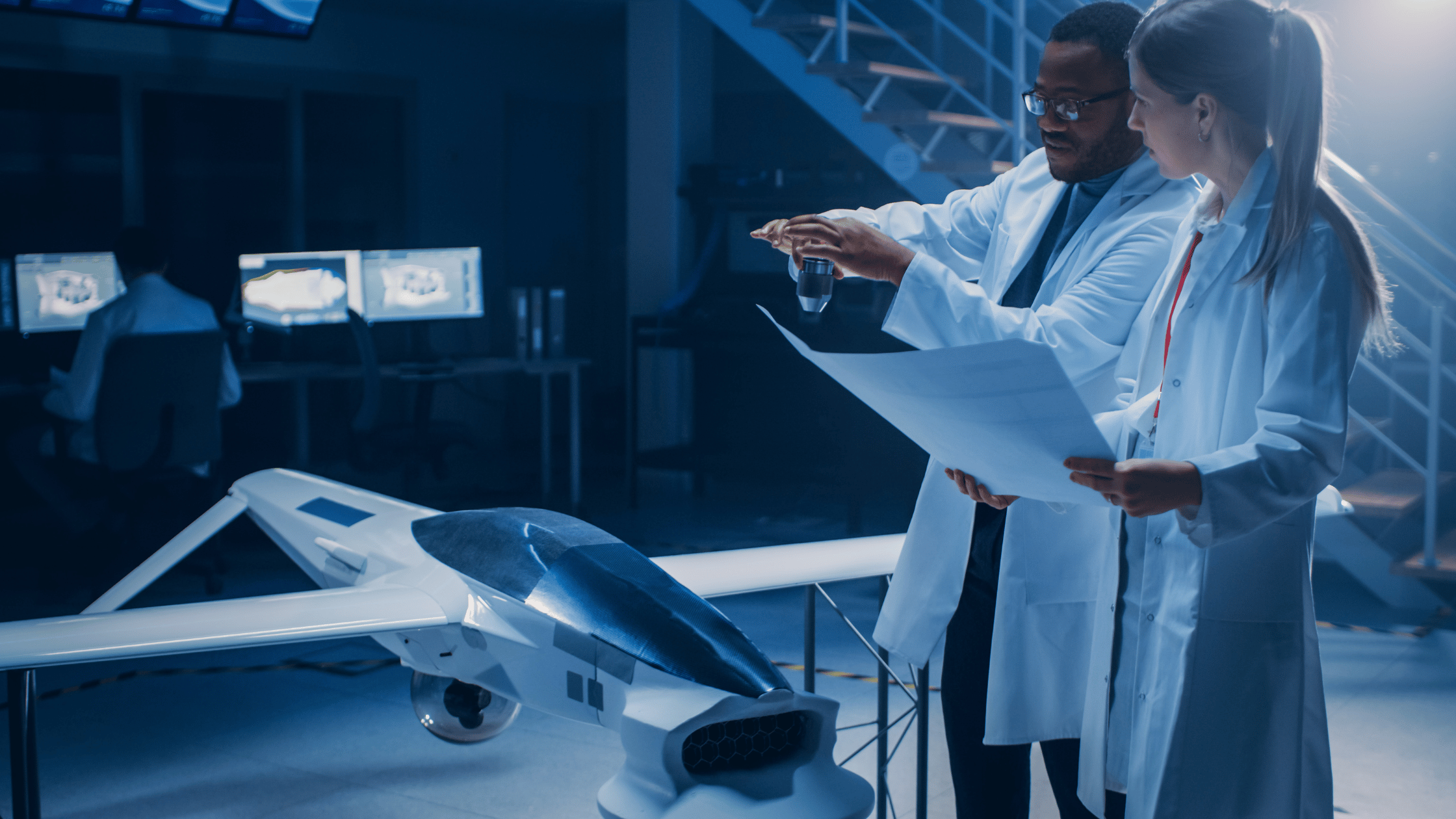 Two aerospace engineers discussing improvements while looking at a model and holding blueprints.