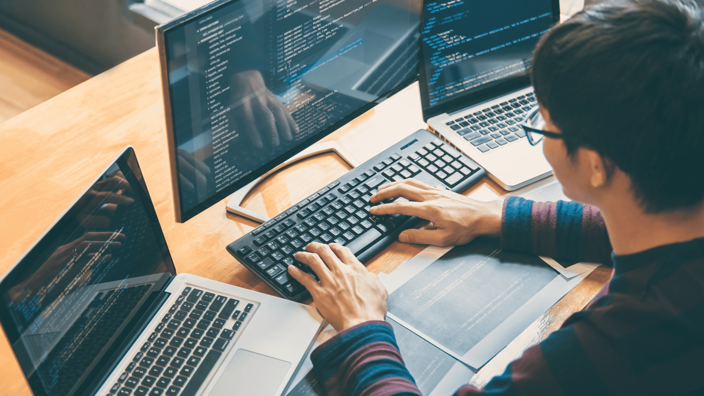 View from above of software engineer in front of three screens