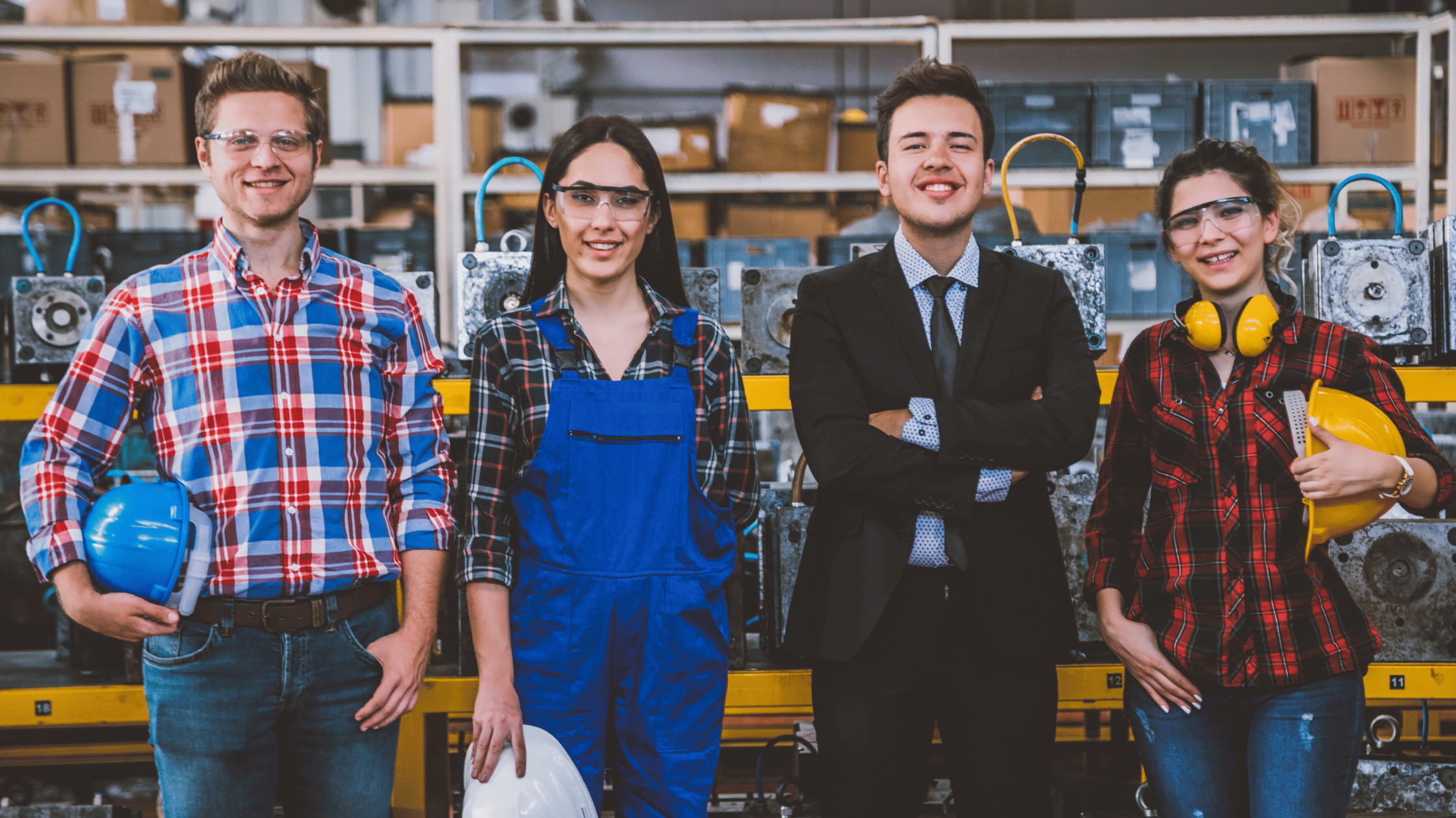 Four employees of a manufacturing plant smile at the camera.